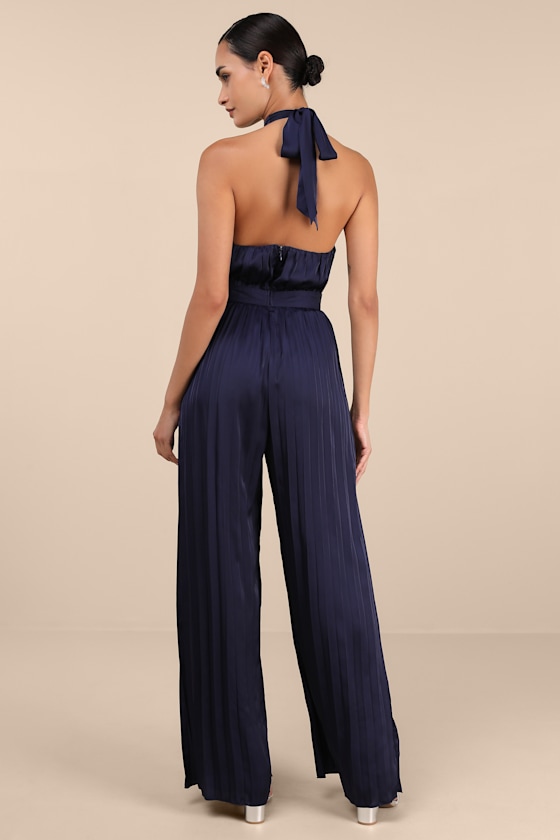Confident Impression Navy Satin Pleated Halter Jumpsuit