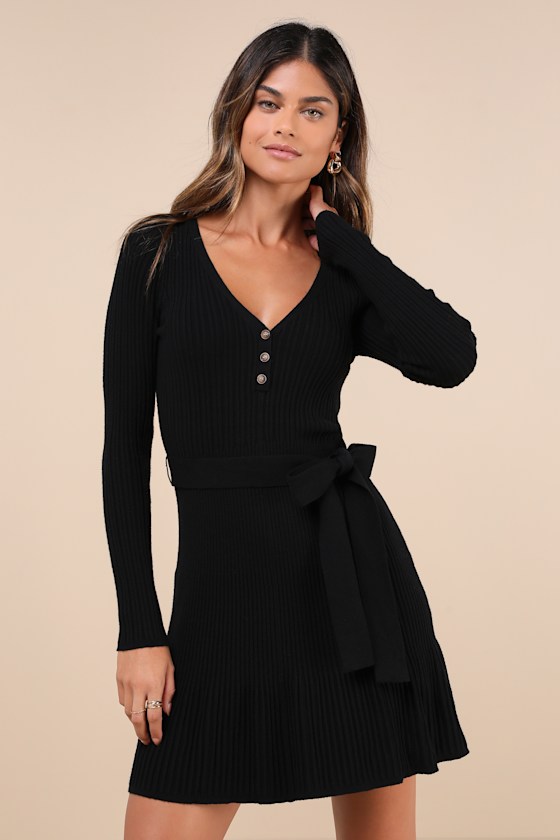 Cozy Poise Black Henley Long Sleeve Mini Sweater Dress