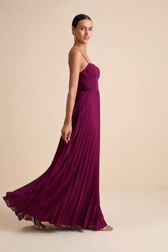 Admirable Elegance Plum Pleated Bustier Maxi Dress
