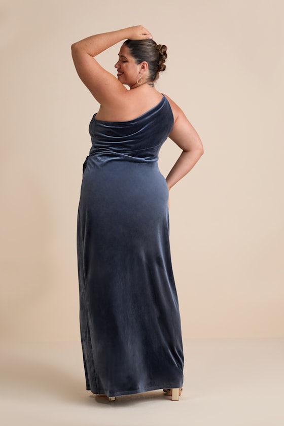 Elegant Era Dark Slate Blue Velvet One-Shoulder Maxi Dress