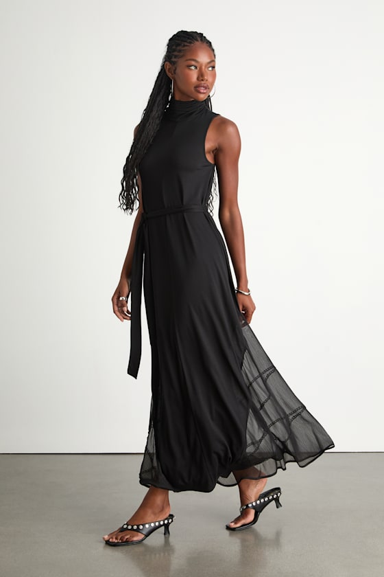 Jessa Black Jersey Knit Mock Neck Maxi Dress