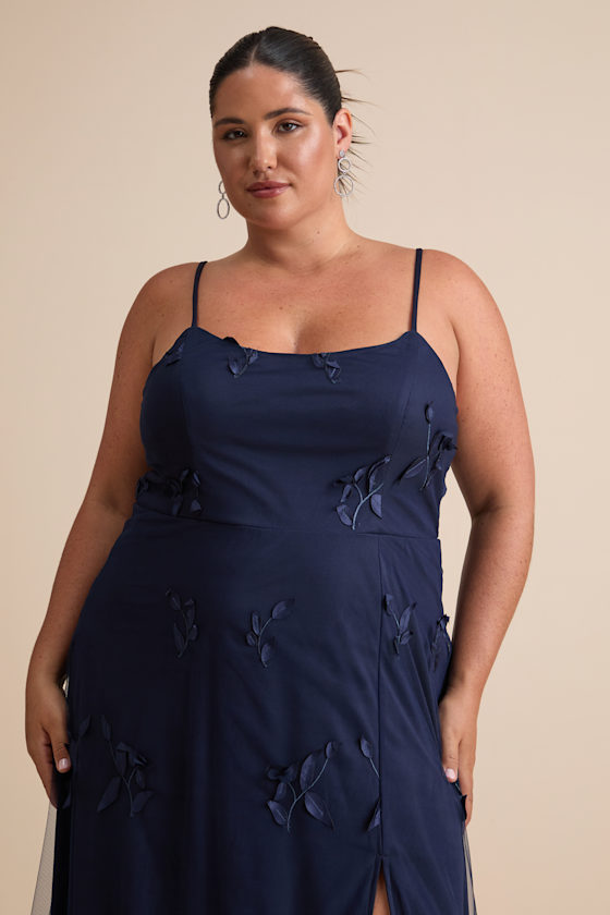 Abundant Charm Navy Blue 3D Floral Applique Maxi Dress