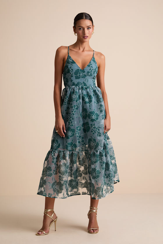 Feeling Like Forever Teal Jacquard Organza Lace-Up Midi Dress
