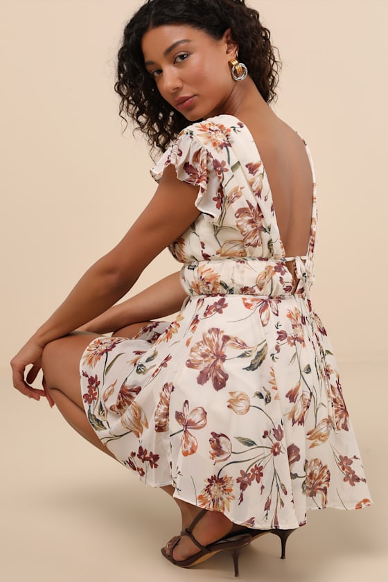 Flirty Ways Cream Floral Print Flutter Sleeve Romper