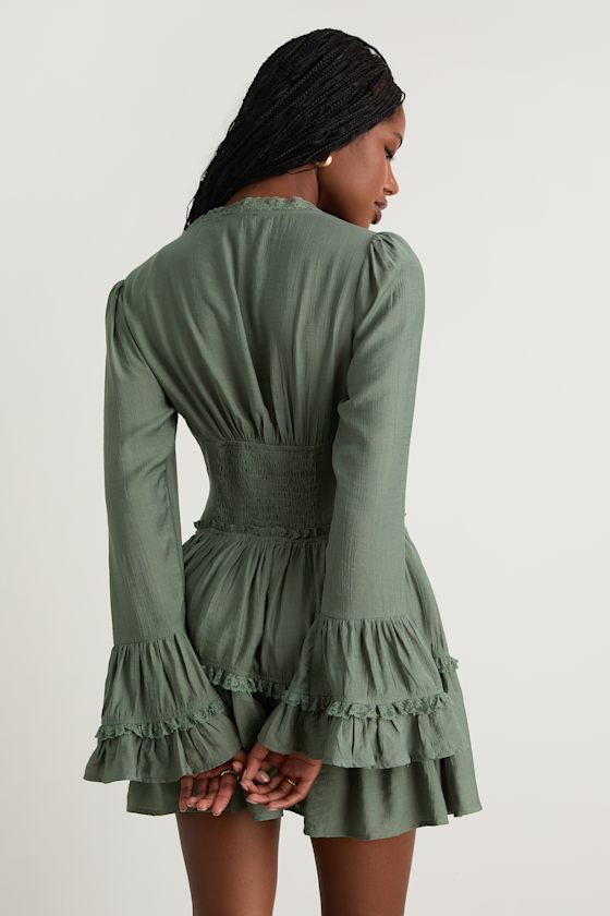 Ayaana Sage Green Long Sleeve Tiered Mini Dress