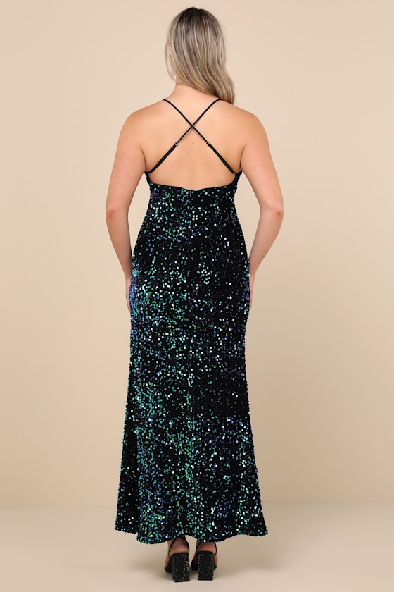Keep it Regal Green Iridescent Sequin Velvet Maxi Dress
