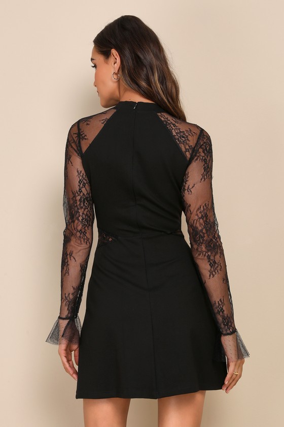 Bragging Rights Black Lace Long Sleeve Skater Dress