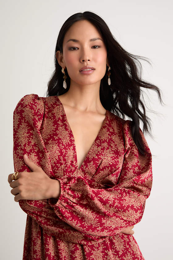 Graceful Impression Wine Red Floral Print Midi Dress