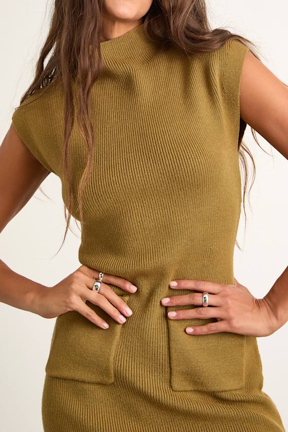 Joana Olive Green Ribbed Mock Neck Sweater Mini Dress