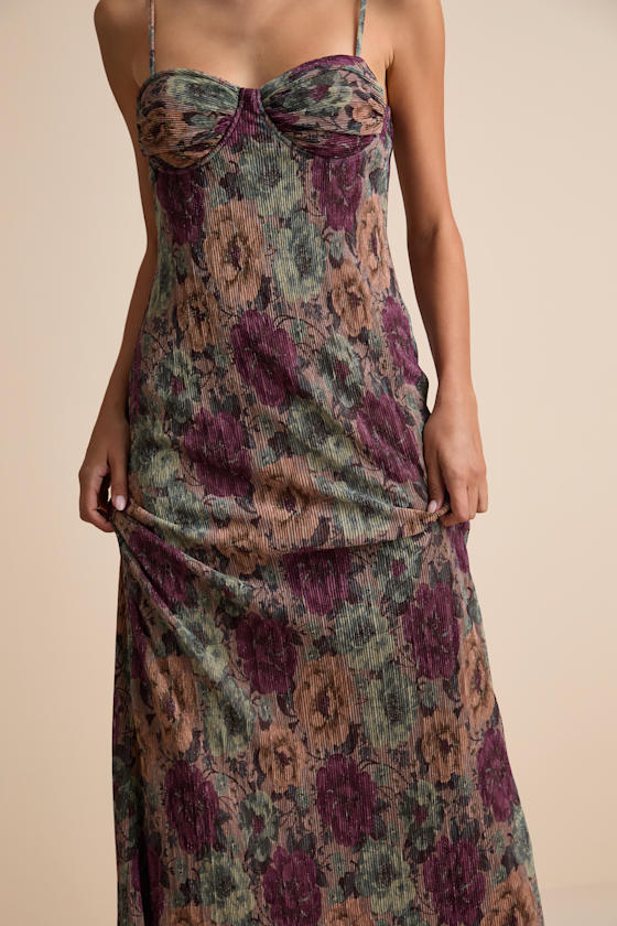 Kendlyn Taupe Multi Floral Plisse Maxi Dress