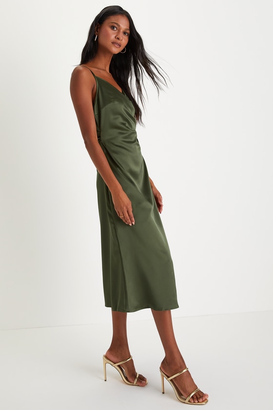 Simplicity of Love Olive Green Satin A-Line Midi Dress