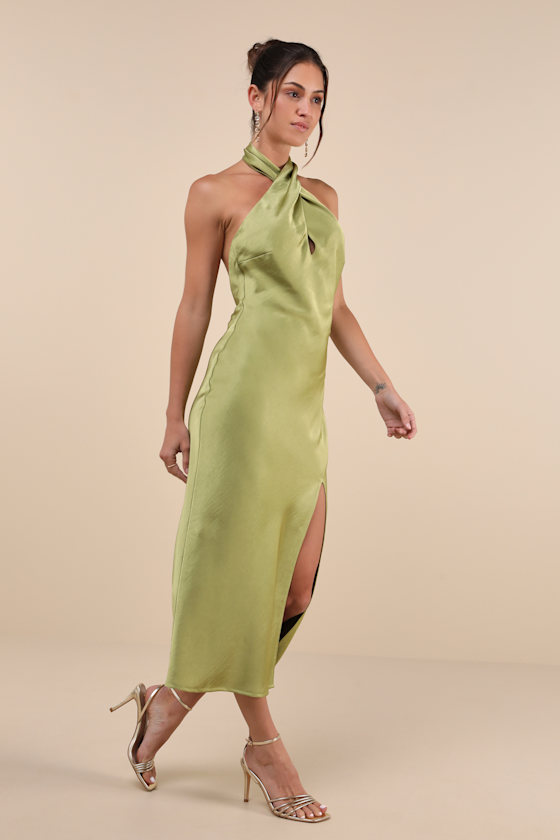 Beyond Classy Chartreuse Satin Halter Midi Dress