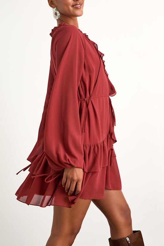 Allirah Rust Red Ruffled Long Sleeve Mini Dress