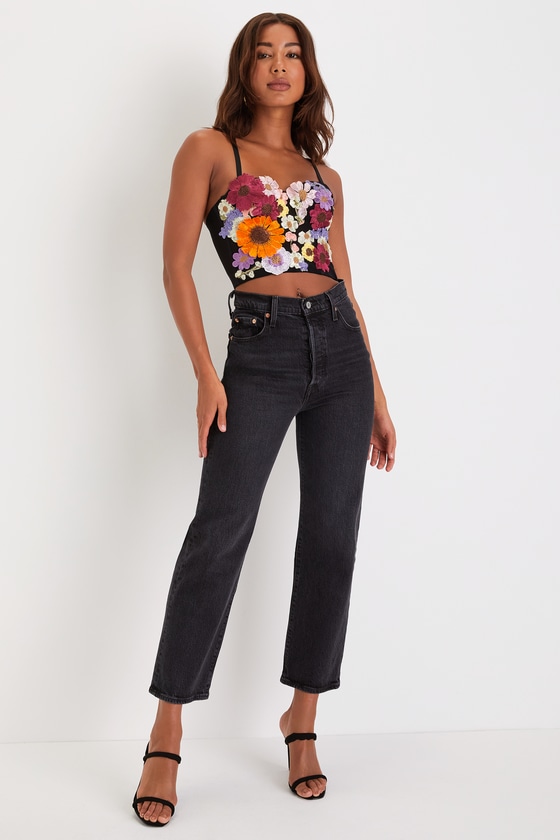 Flirty Icon Black 3D Floral Embroidered Bustier Tank Top