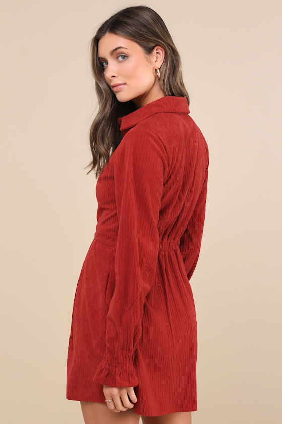 Autumn Mood Rust Red Corduroy Mini Dress With Pockets