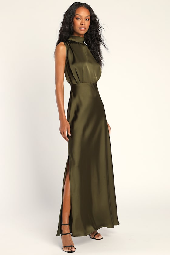 Classic Elegance Olive Satin Sleeveless Mock Neck Maxi Dress