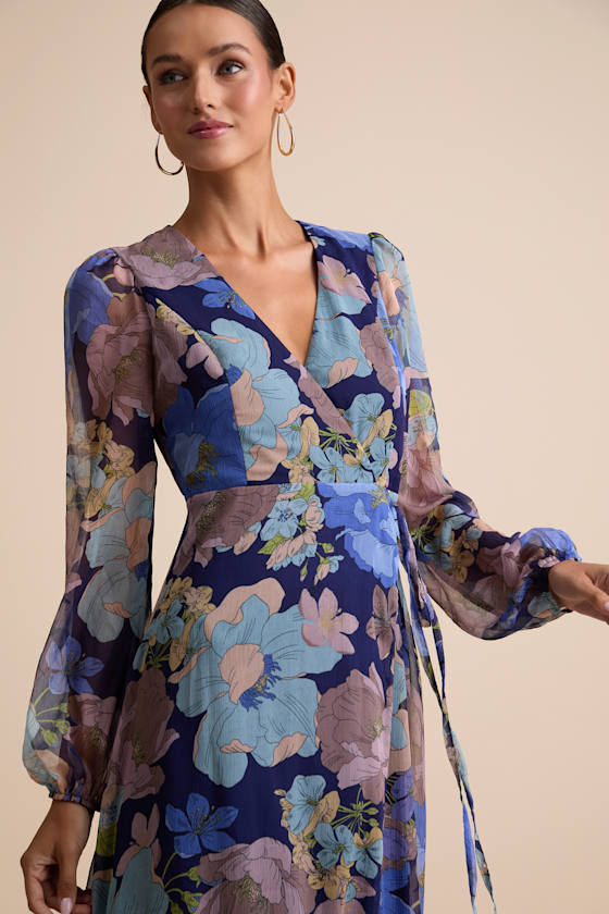 Feeling Sweet Navy Floral Print Long Sleeve Wrap Maxi Dress
