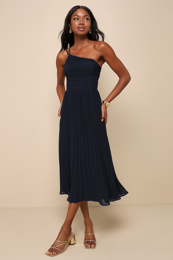 Wondrous Muse Navy Blue Pleated One-Shoulder Midi Dress