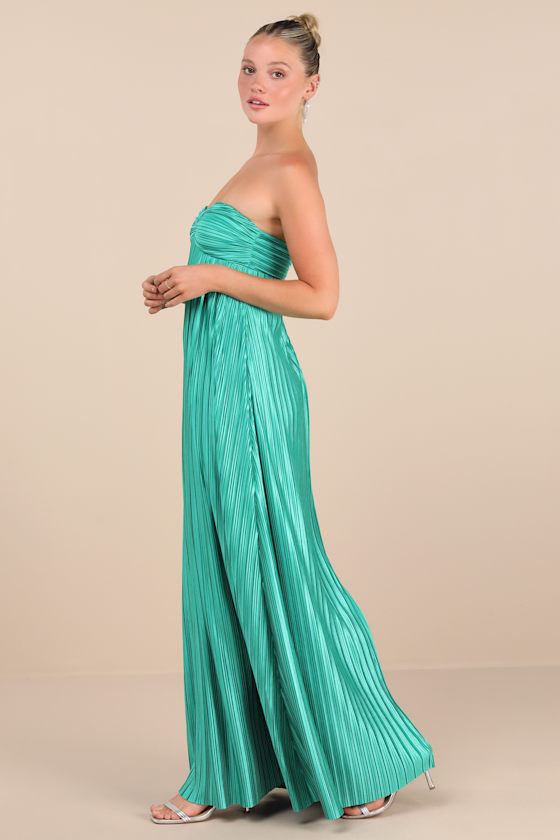 Whimsical Beauty Teal Green Satin Plisse Strapless Maxi Dress