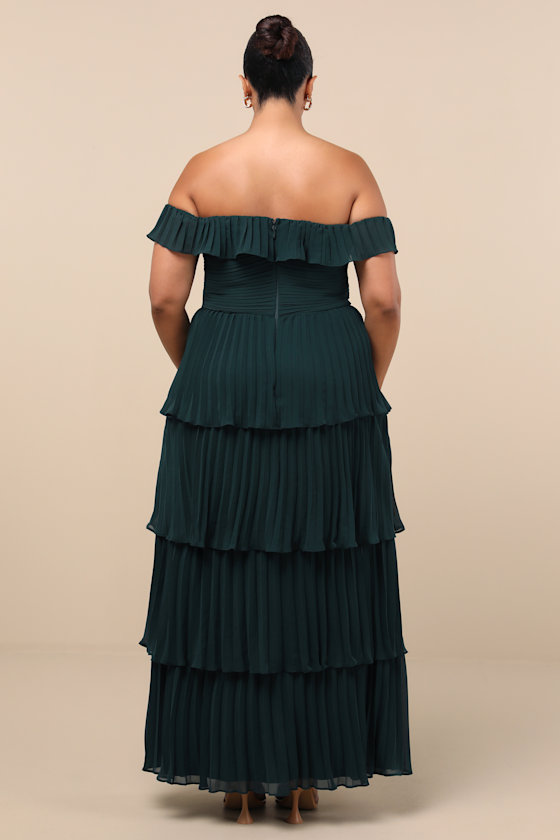 Always Remarkable Emerald Pleated Off-the-Shoulder Maxi Dress