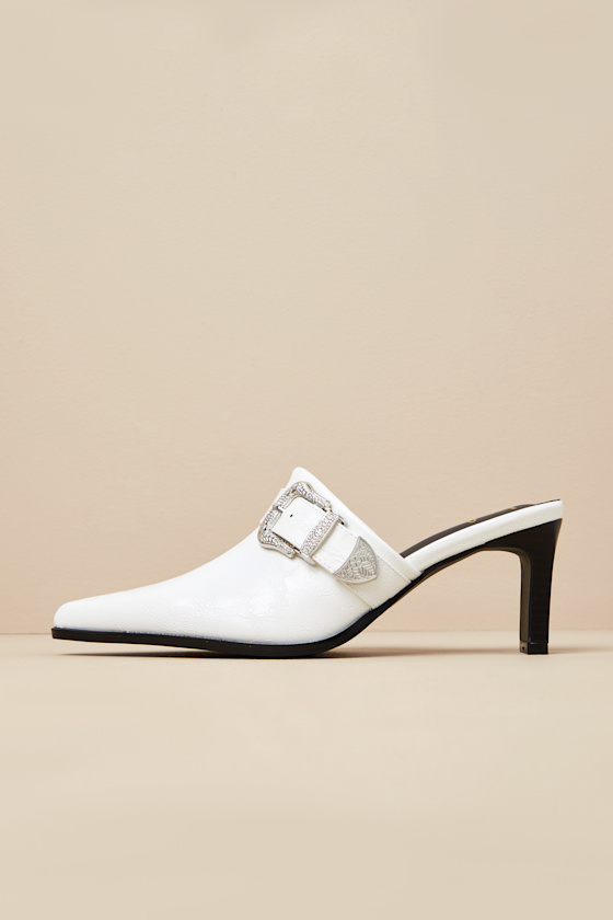Isabetta White Pointed-Toe Buckle Mules