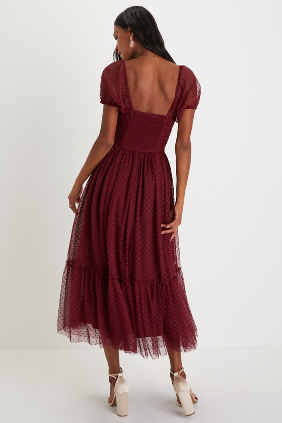 Sweet Amor Burgundy Tulle Swiss Dot Tiered Bustier Midi Dress
