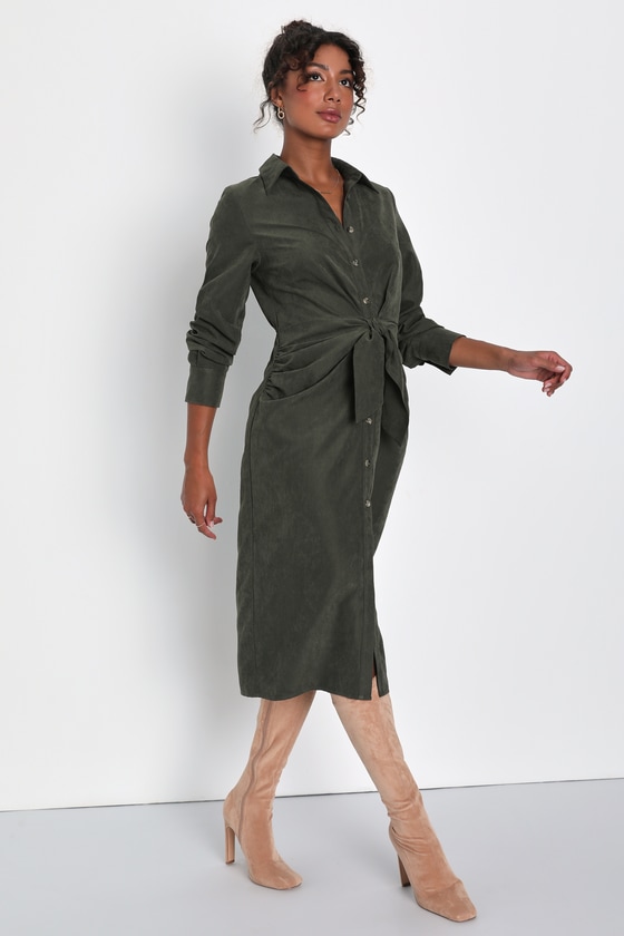 Autumnal Views Olive Green Suede Button-Up Tie-Front Midi Dress
