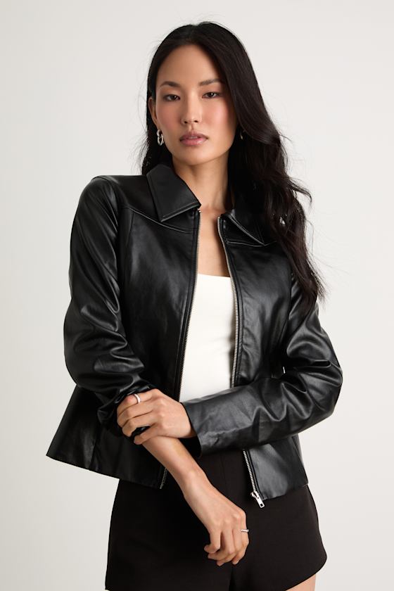 Rossana Black Vegan Leather Collared Jacket