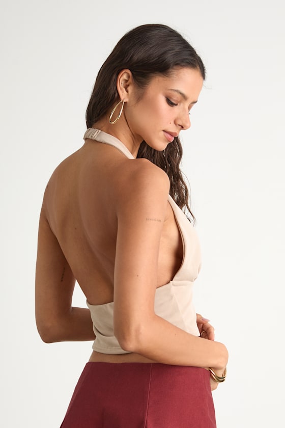 Niyara Beige Jersey Knit Halter Crop Top