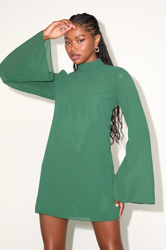 Perfected Charm Dark Green Bell Sleeve Mini Shift Dress
