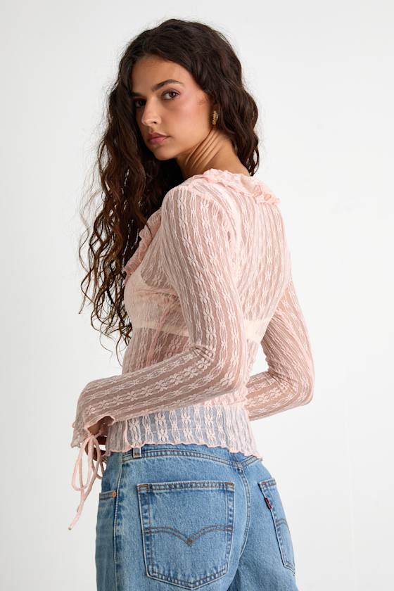 Lindley Light Pink Sheer Lace Ruffled Long Sleeve Top