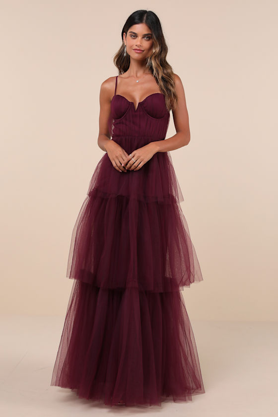 Unforgettable Poise Plum Purple Tulle Bustier Tiered Maxi Dress