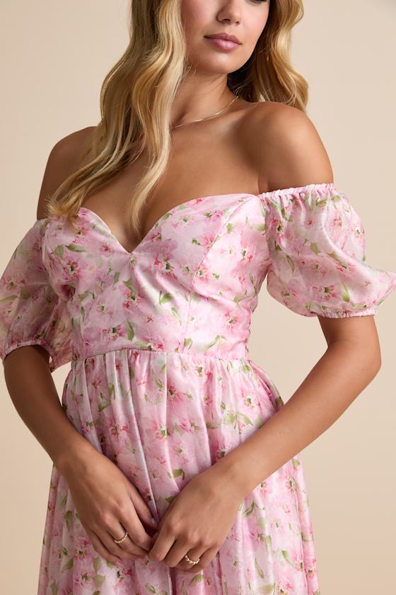 Sincerely Wondrous Pink Floral Puff Sleeve Tiered Midi Dress
