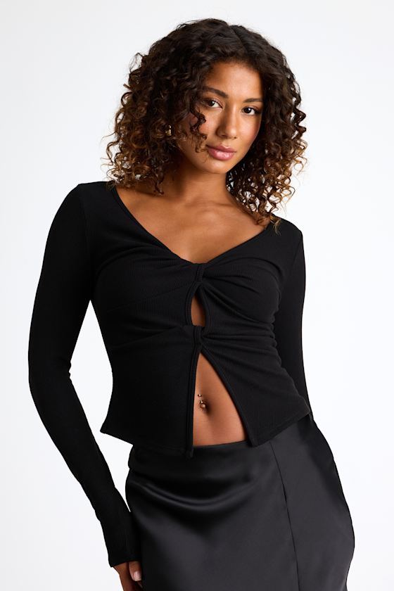 Lumirah Black Ribbed Knot-Front Cutout Long Sleeve Top