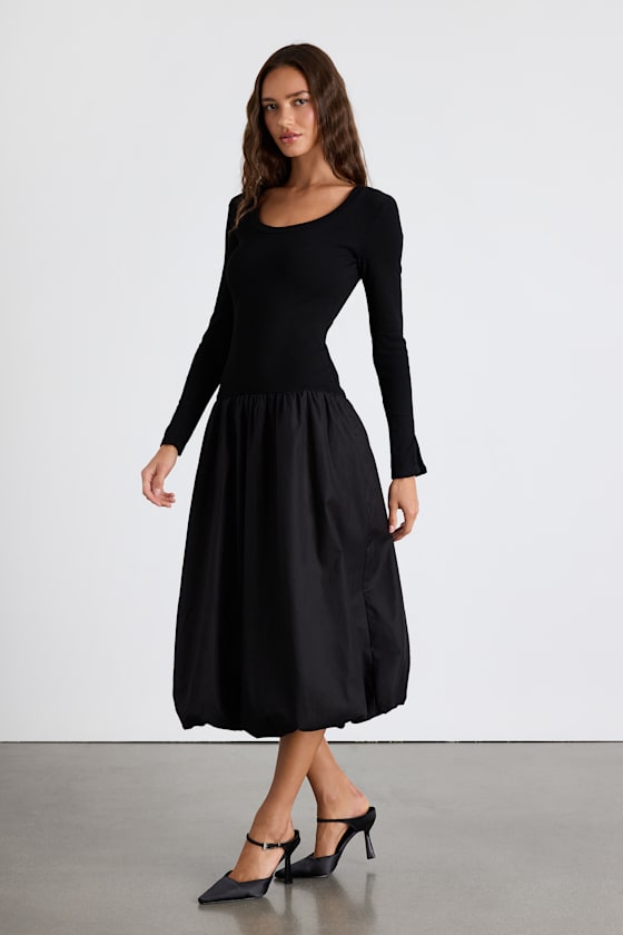 Sophisticated Chic Black Mixed Media Midi Dress