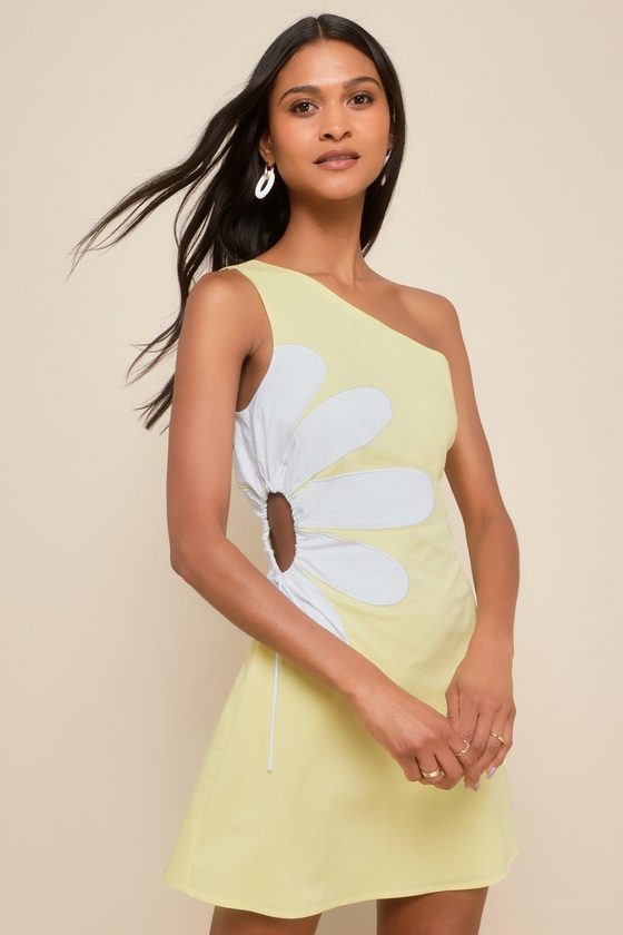 Sunny Design Yellow Cutout Flower One-Shoulder Mini Dress