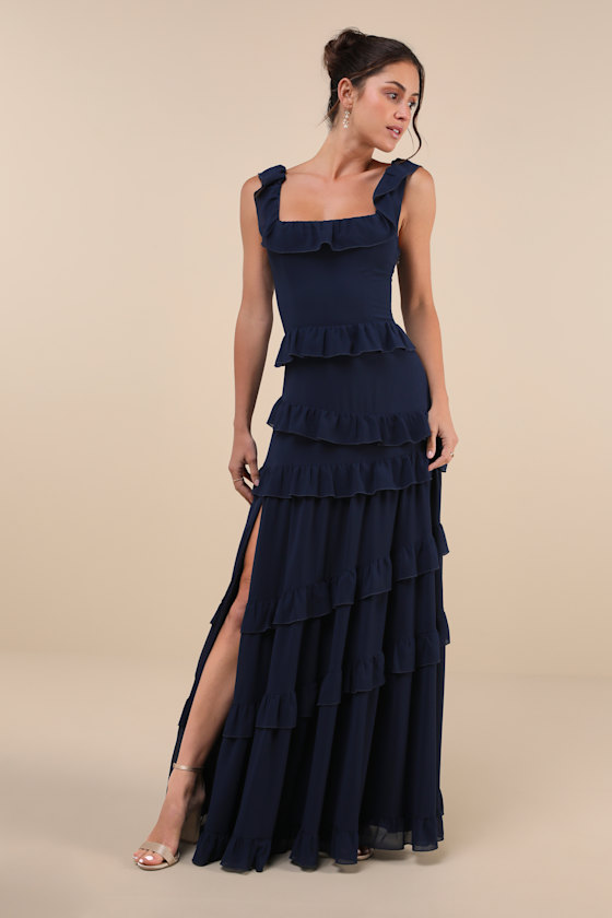 Compelling Romantic Dark Blue Ruffled Tiered Maxi Dress