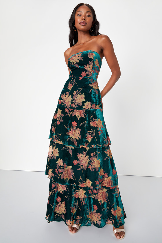 Real Allure Emerald Floral Burnout Velvet Strapless Maxi Dress