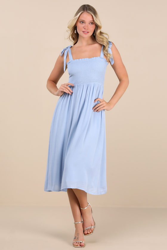 Looking Up Light Blue Smocked Tie-Strap Midi Dress