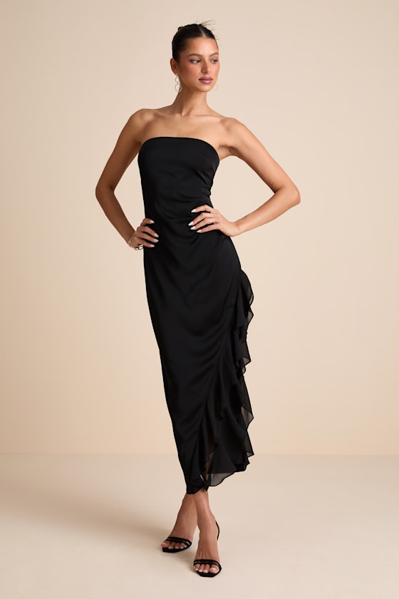 Graceful Perfection Black Satin Ruffled Strapless Midi Dress