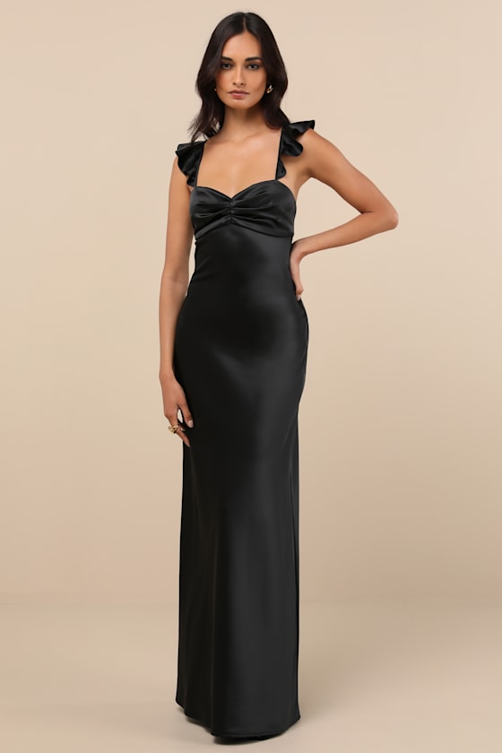 Exuberant Luxury Black Satin Ruffled Lace-Up Maxi Dress