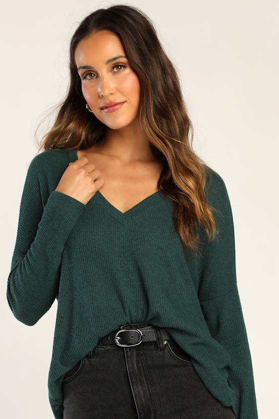 Just Vibing Hunter Green Ribbed V-Neck Sweater Top