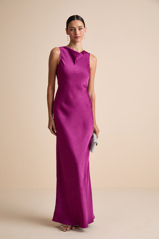 Alisha Magenta Crinkle Satin Backless Maxi Dress