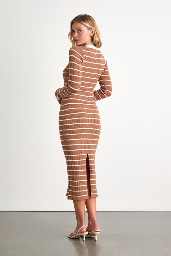 Ever So Effortless Light Brown Striped Ribbed Midi Sweater Dress
