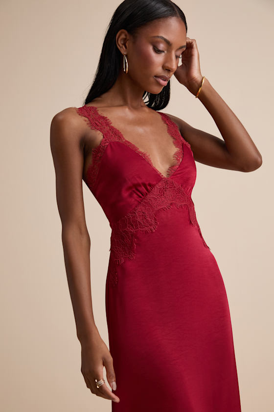 Alayah Red Satin Lace Tie-Back Midi Dress