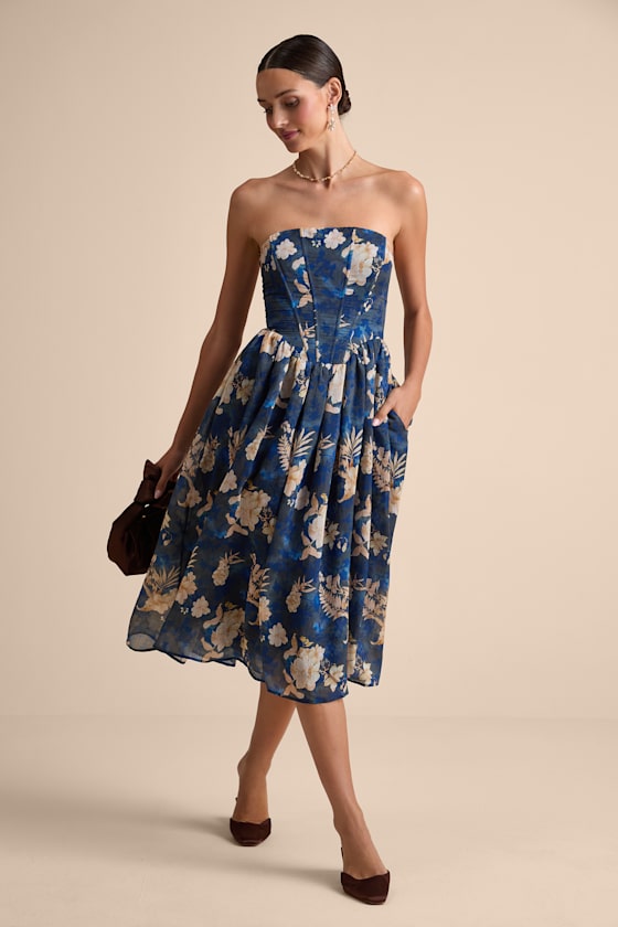 Eulalia Dark Blue Floral Lace-Up Strapless Bustier Midi Dress