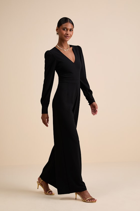 Celebrating Romance Black Long Sleeve Wide-Leg Jumpsuit