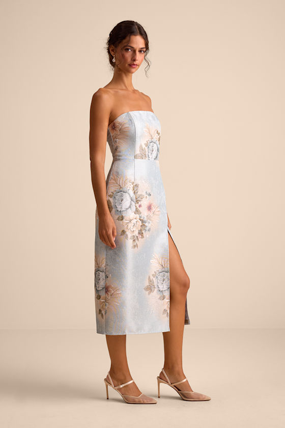Hargrove Light Blue Floral Jacquard Strapless Midi Dress