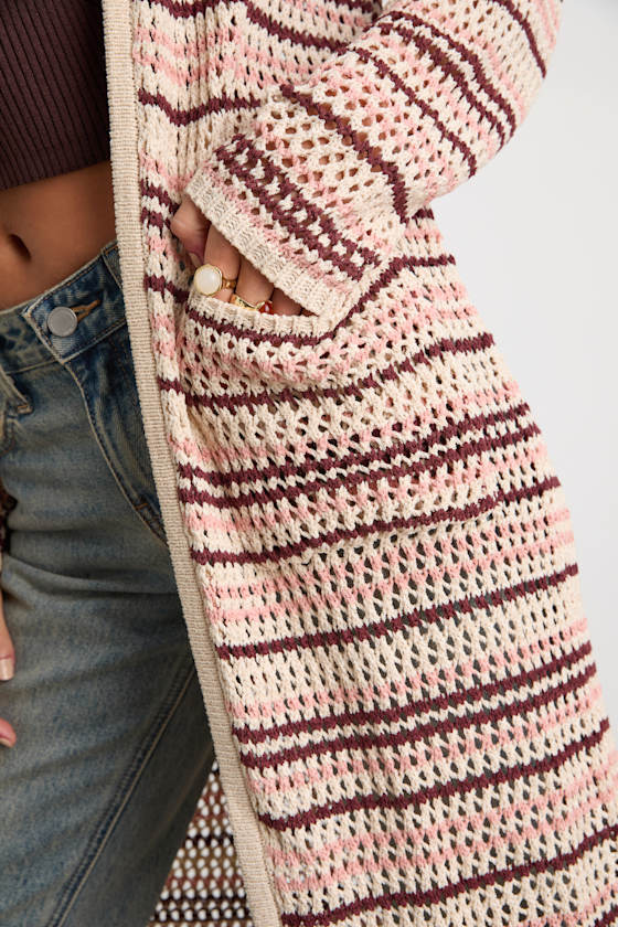 Breezy Strolls Beige Multi Striped Crochet Long Cardigan