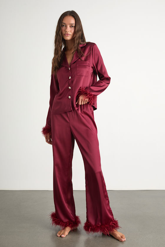 Dreamiest Delight Burgundy Satin Feather Two-Piece Pajama Set